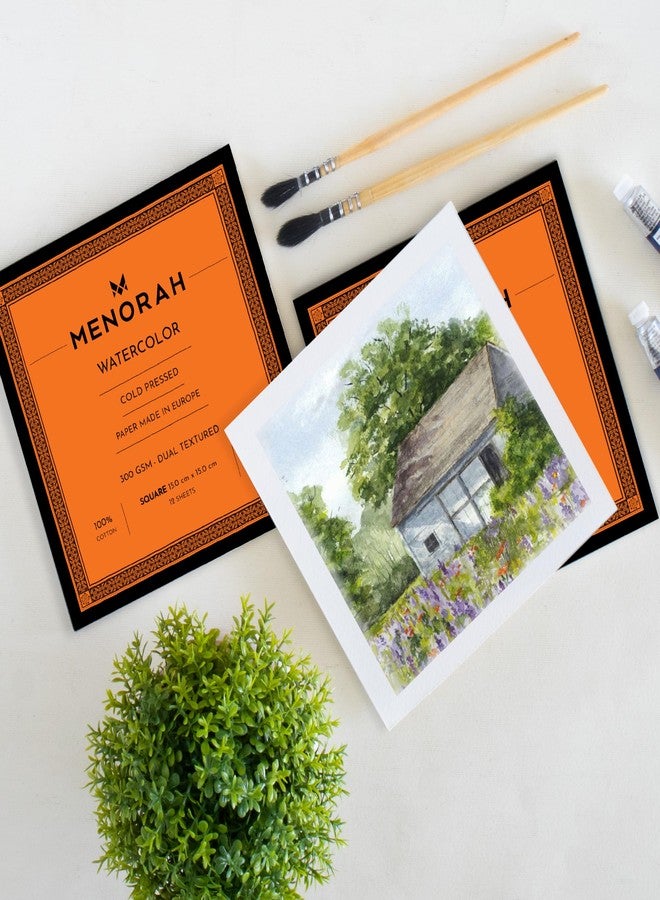 MENORAH مينورا - مربع - كراسة رسم ألوان مائية قطنية 100% - 300 غرام/متر مربع - أوراق منفصلة (15.0 سم × 15.0 سم) - (12 ورقة / 24 صفحة) - كراسة رسم فنية للألوان المائية - غلاف داخلي لاصق - Image 1